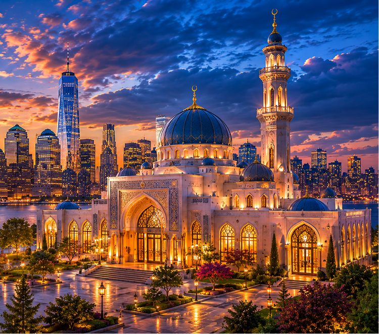 City skyline with modern skyscrapers and a mosque at sunset.